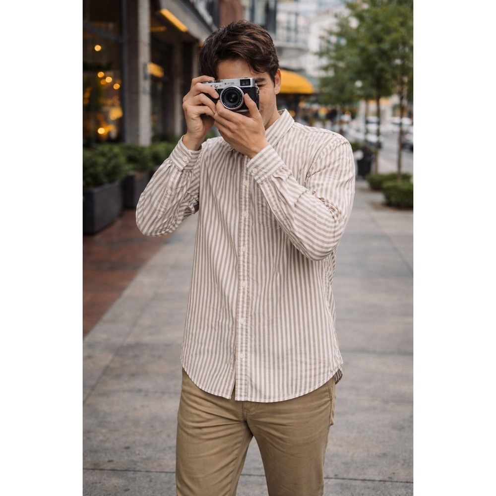 American Eagle Striped Button Down Shirt Tan White Cotton Long Sleeve Size S